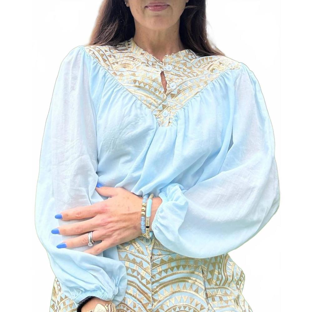 NEW GREEK ARCHAIC KORI mao collar long sleeve shirt in ciel/gold